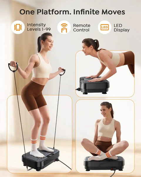 Woman using Full Body Vibration Plate For Home Workouts With 99 Adjustable Speeds, Lymphatic Drainage Boost, muscle toning, weight loss.