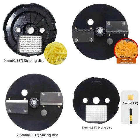 Four interchangeable discs for Killer All In One 4 In 1 Electric Vegetable Slicer And Chopper, showing striping, shredding, slicing, dicing.