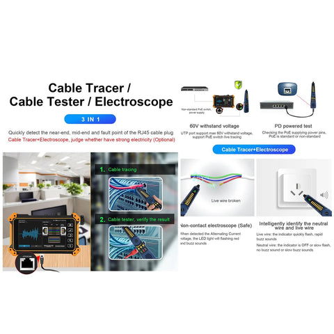 OTDR fiber optic tester with orange rugged housing and 5.4-inch touchscreen display