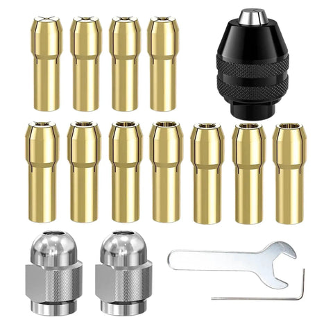 16 Piece Drill Chuck Collet Set for Rotary Tools 0.8 to 3.2mm Quick Change Keyless Chuck Kit with Brass Collets and Metal Nut