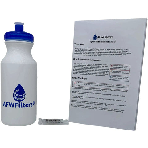 AFWFilters water bottle, installation instructions, and lube pack for Air Injection Platinum Iron Filter AIP10 Pro Grade With Filox Mang Ox Media