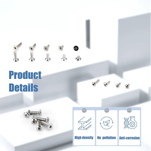Pro Grade Metric Machine Screw Assortment Kit With 500 Pieces Including 250 Hex Button Head Cap Bolts And 250 Hex Socket Flat Head Screws M3 Stainless Steel Hardware For Builders And DIYers And Makers displayed with product features like high density, no pollution, and anti-corrosion.