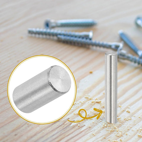 10mm X 20mm Stainless Steel Dowel Pins Set Of 6 for shelves and furniture fixing, side view with wood surface