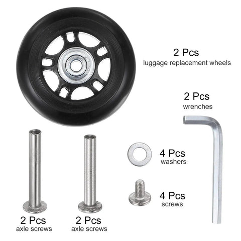 Replacement Luggage Wheels 70x24mm Kit With 2 PU Bearing Wheels, washers, wrenches, and axle screws displayed on white background