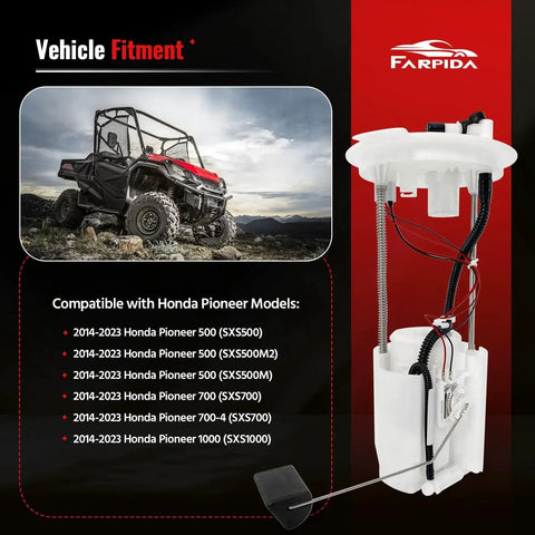 Beefed Up Fuel Pump Assembly For Honda Pioneer 500 700 4 1000 5 SXS Models 2014 To 2023 Replacement diagram showing compatibility.