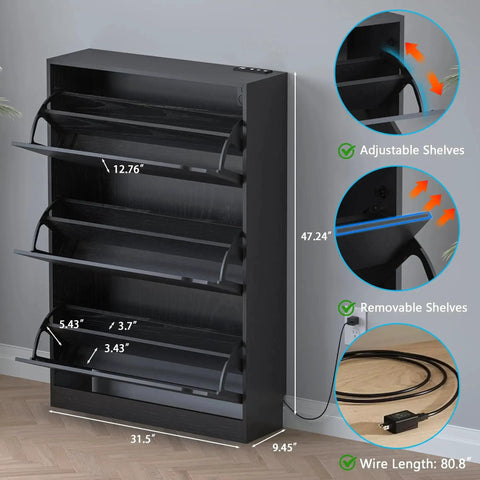 Slim 3-Flip Shoe Storage Cabinet with Odor Control, black tall unit, adjustable removable shelves, dimensions and wire length displayed.