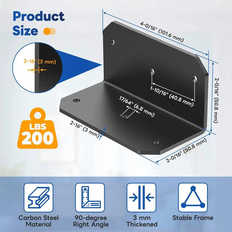 Diagram of 4 Inch Black L Bracket for Wood Projects, heavy duty 90 degree corner brace with measurements and features.