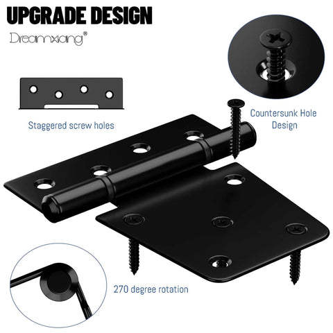Heavy Duty Gate Hinges Three And A Half Inch Black Iron Strap Hinges for wood fence gate and vinyl shed door with screws 8 pack full or half surface mount 60 pound capacity weather resistant outdoor use durable construction, showing staggered screw holes and 270 degree rotation feature.