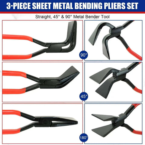 Three Piece Sheet Metal Bending Pliers Set For Roofers And Plumbers, showing Straight, 45° and 90° angle benders made of carbon steel.