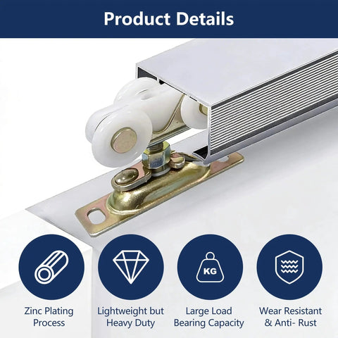 Close-up view of 3/4 inch sliding pocket door roller assembly with nylon wheels and durable metal base for bypass closets.