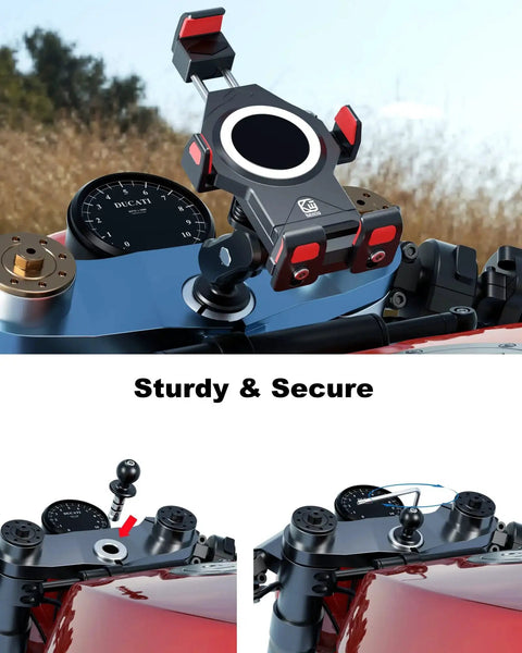 Beefy Metal Motorcycle Fork Stem Mount Base With 1 Inch TPU Ball For Stem Holes 12mm To 25.4mm installed on a motorcycle