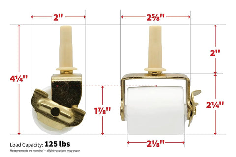 2-1/8-Inch White Bed Rollers With Side Brake, 2-Pack For Furniture Moving, 125 Lb Load Capacity Each, 2-Inch Wheel, dimensions shown