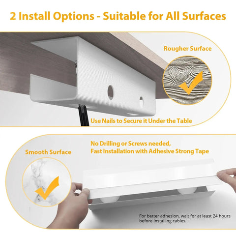 Two Pack Large Capacity Under Desk Cable Management Tray 31.5in Total Length 2x15.7in PVC Standing Desk Cord Organizer installation options
