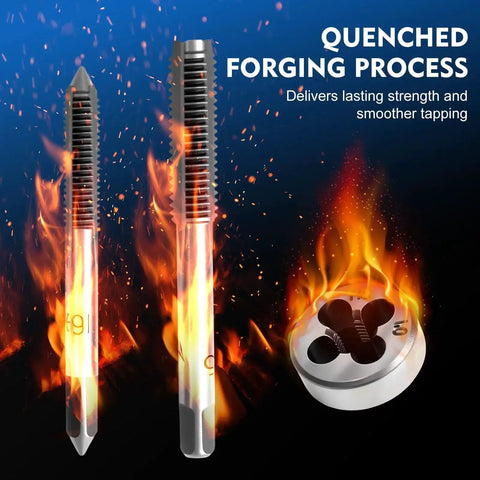 80 Piece Metric Tap And Die Set M3 Through M12 With Long Handled Tap Wrench T Handle Wrenches Adjustable Die Wrench Thread Pitch Gauge And Screwdriver showcasing quenched forging process with flames.