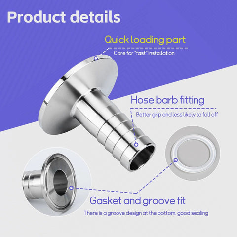 Stainless steel tri-clamp to 1-inch hose barb adapter, 2-pack with silicone gaskets and hose clamps.