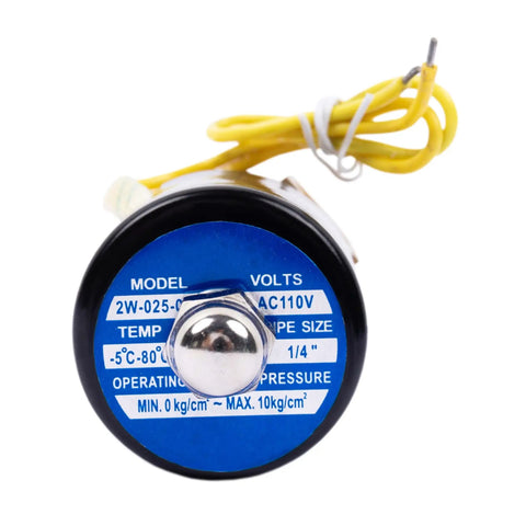 Copper Electric Solenoid Valve, Normally Closed, For Water, Air, And Gas Systems, 110V AC, showing size and pressure info