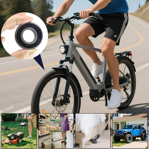 Sackorange 6202-2RS deep groove ball bearing, rubber-sealed 15x35x11mm, pre-lubricated; close-up beside an e-bike rider.