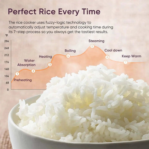 White rice in bowl with cooking process diagram, related to No Fuss 10 Cup Rice Cooker With 24 Hour Keep Warm And Nonstick Ceramic Inner Pot