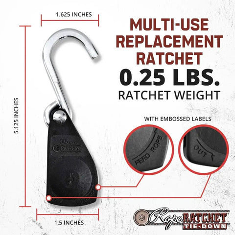 Heavy Duty Rope Ratchet Tie Down Pulley Hanger With Locking Mechanism For Easy Tensioning Of Shade Sails Hammocks Canopies And Outdoor Gear Works With One Quarter Inch Rope And Delivers A 150 Pound Capacity No Rope Included, with dimensions and embossed labels visible.