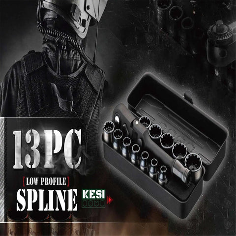 13-piece low-profile spline bit set in compact metal case next to shadowed figure, highlighting tool kit's compact design and versatility