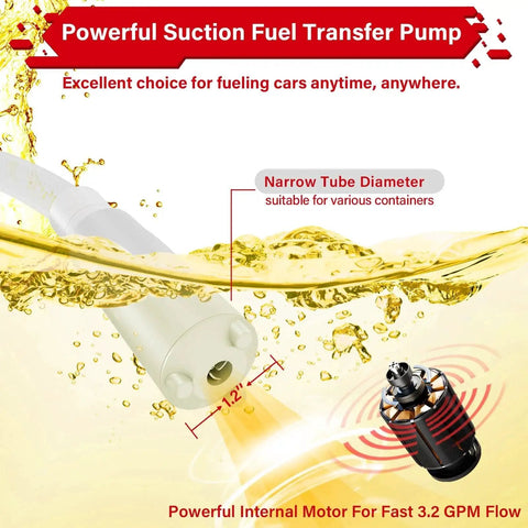 Battery Powered Gas Transfer Pump With Auto Stop, 3.2 GPM Flow, 51 Inch Hose in operation with narrow tube diameter