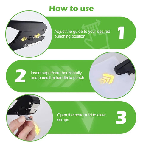 Instructions for using Heavy Duty Slot Punch Handheld Hole Puncher with adjustable depth for ID cards, luggage, and name tags.