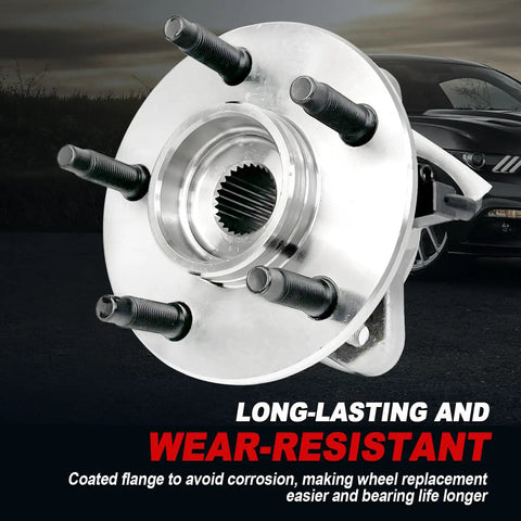 Front view of Front Wheel Bearing Hub Assembly For 1995 2001 Explorer, Sport Trac, Ranger, Mazda B2300 B3000 B4000 01 09, Mercury Mountaineer, 4x4, 5 Lug With ABS Direct Fit showing coated flange and 5 lugs.