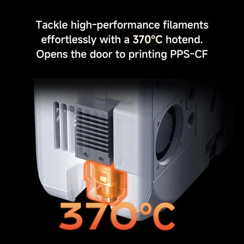 Close-up of 370°C bimetal hotend on enclosed FDM 3D printer with auto leveling sensor for flawless first layer printing, 600mm/s high speed.