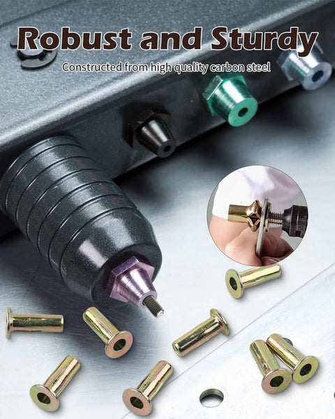 Multi Grip Rivet Nuts Set Of 100 For Steel 1 4 20 Thread Pre Bulbed Shank Zinc Plated Flat Head Insert Nuts With Durable Rust Resistant Gold Zinc Finish Beefy For Automotive DIY Projects AOKLIT shown with installation tool and close-up of nuts.