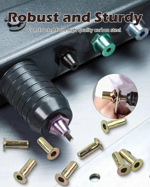 Fifty Piece Multi Grip Rivet Nut Kit With Carbon Steel Rivet Nuts In Zinc Plated Flat Head Pre Bulbed Shank One Quarter Twenty Threaded Inserts For Auto Body Repair And Fabrication Projects Heavy Duty Everyday Use shown with tool and nuts
