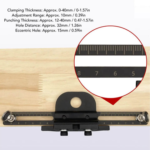 3 In 1 Dowel Jig Drill Kit With Self Centering Dowel Jig And Pocket Hole Locator, ruler close-up on wood piece