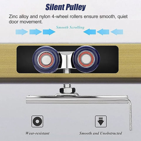 Smooth Sliding Closet Door Track Hardware Kit For 2 Bypass Doors 18-24mm Thick Wood, showcasing silent pulley and rollers.