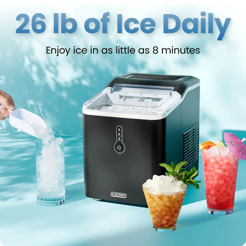 Countertop nugget ice maker, Iceman brand, black with clear ice basket and front control panel