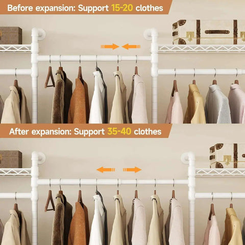 Wall Mounted Garment Rack and Closet System With Two Expandable Rods Six Adjustable Shelves Industrial Pipe Style Metal Shelving in White Heavy Duty Walk In Closet Organizer Easy Install Durable Clothes Storage Solution showing expansion feature for increased capacity