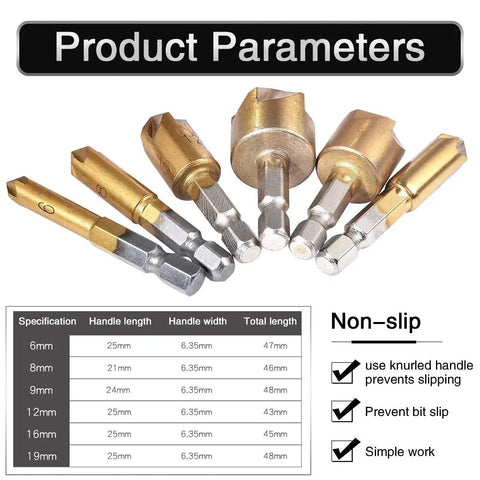 Countersink Deburring Drill Bit Set For Wood, Metal, Fiberboard, Plywood, Plastic, PVC, 6 Pcs, 90 Degree 5 Flute High Carbon Steel With Titanium Coating Hex Shank, Includes 6mm 8mm 12mm 16mm 19mm Bits By HOHXEN