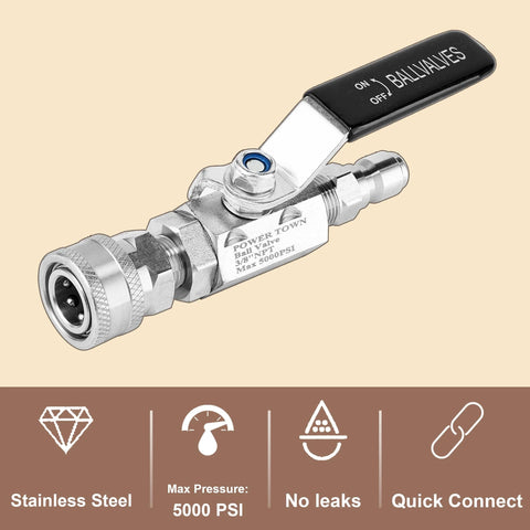 POWER TOWN stainless steel ball valve for pressure washer, 3/8 in quick-connect, 5000 PSI