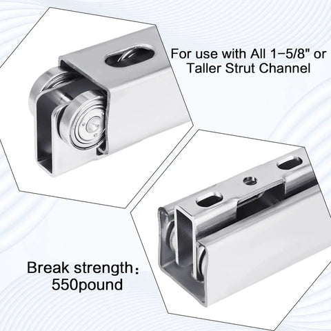 Four Pack Heavy Duty Wheel Trolley Assembly Rollers For Stable Silent Operation, Compatible With 1-5/8 Inch Wide Or Taller Strut Channel