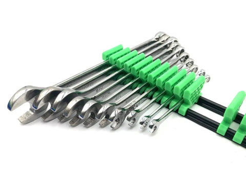 Space Saving Wrench Organizer Set With Infinitely Adjustable Dividers Holds Up To 42 Wrenches arranged with green dividers