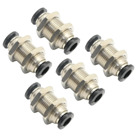 Set of 5 metal bulkhead union fittings, 6mm x 6mm tube OD, push-on connectors with black O-ring seals