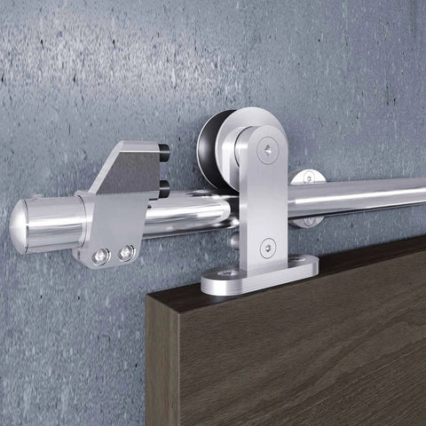 Close-up view of 6.6 Foot Top Mount Stainless Steel Sliding Barn Door Hardware Track Kit That Slides Like Butter For 36 To 40 Inch Wide Single Doors