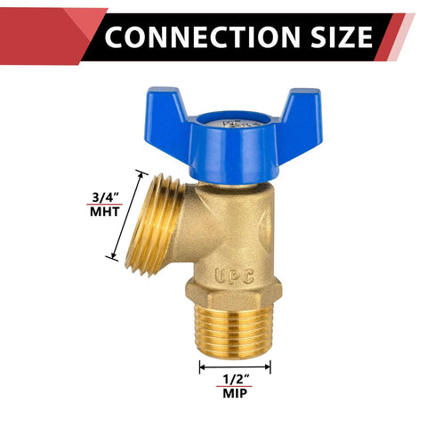 Brass boiler drain valve with blue wing-handle; 1/2 in MIP bottom, 3/4 in MHT side port; 1/4-turn shutoff.