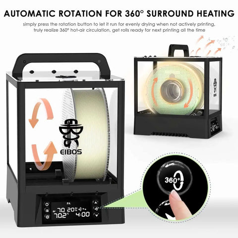 3D Printer Filament Dryer Box With Auto Rotation And Humidity Hold showing front and side views, fits 3kg spools, 360 degree heating