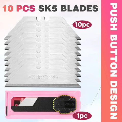 Folding Utility Knife With Quick Change Pink Handle And 10 Extra Blades, showing spare blades and pink blade holder.