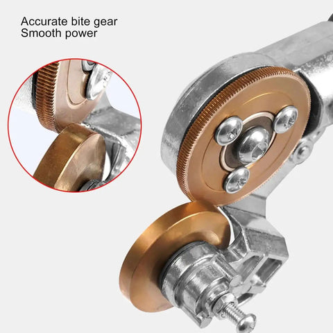 Close-up of Drill Plate Cutter Attachment gear for metal shears, shows incisive, efficient cutting with pro grade wear blade.