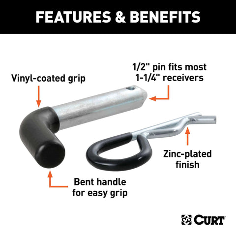 Trailer Hitch Pin And Clip With Vinyl Coated Grip Half Inch Diameter Fits One And One Quarter Inch Receiver Zinc Clear Finish