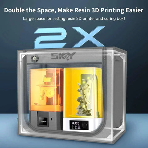 Resin 3D Printer Enclosure With Ventilation Kit And LED Light For Odor Control, fits two printers, side view, illuminated interior