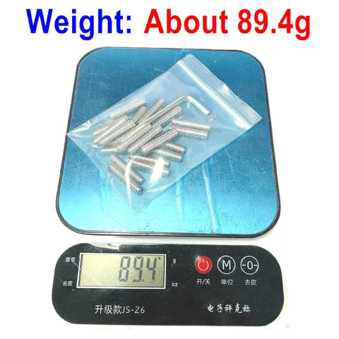 20-Piece 1/4-20 By 1 Inch Stainless Steel Hex Socket Set Screws With Allen Head Grub Style 304 Stainless Steel Includes 1/8 Inch Allen Wrench on scale showing 89.4g