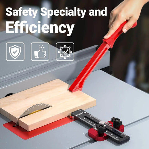 Image showing Thin Rip Jig and Push Stick for Table Saws, Aluminum Alloy Guide in use with a woodcutting setup on a table saw.