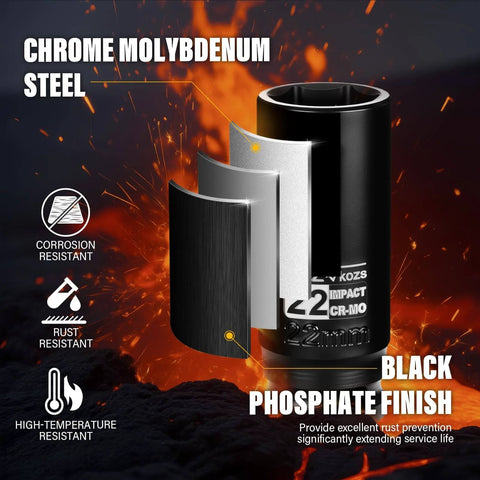 Heavy Duty 1/2 Inch Drive 22mm Deep Well Metric Impact Socket CR-MO Steel 6 Point Radius Corner Design Square Chamfered Opening Axle Nut Impact Grade for Easy Removal and Long Lasting Performance with black phosphate finish illustration