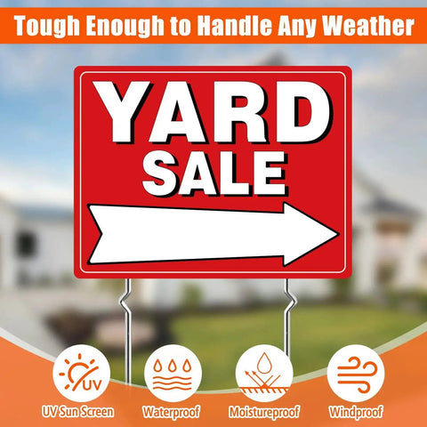 Front view of Two Pack Yard Sale Sign Kit With Four Metal Stakes And 960 Removable Price Stickers Make Offer Tags displayed outdoors